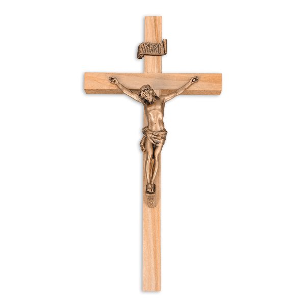 10" Oak Wood Wall Crucifix with Genuine Bronze Pewter Corpus