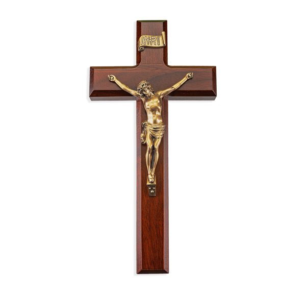 10" Dark Cherry Wood Crucifix with Genuine Bronze Pewter Corpus