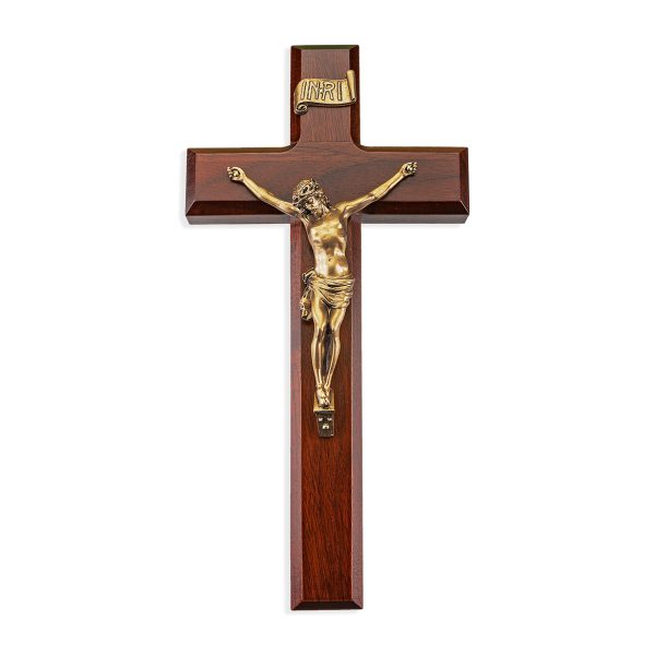 10" Dark Cherry Wood Crucifix with Genuine Bronze Pewter Corpus
