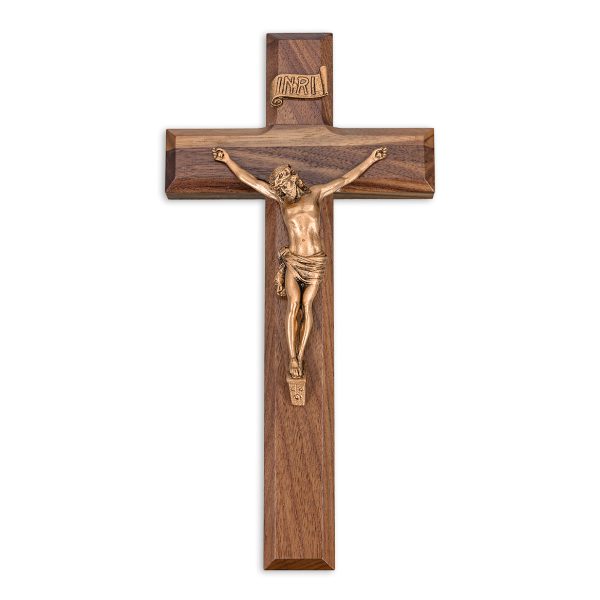 10" Walnut Wood Wall Crucifix with Genuine Bronze Pewter Corpus
