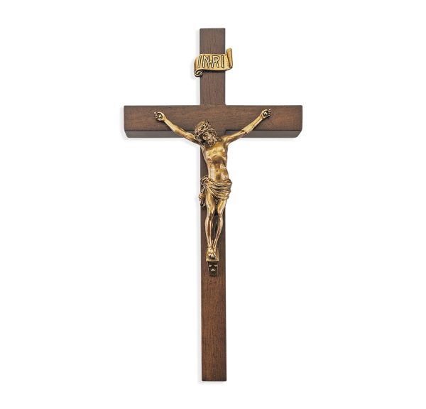 10" Walnut Wood Wall Crucifix with Genuine Bronze Pewter Corpus