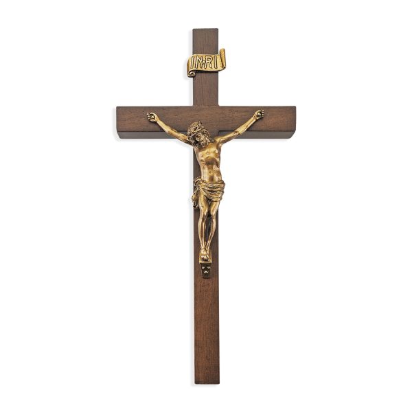 10" Walnut Wood Wall Crucifix with Genuine Bronze Pewter Corpus