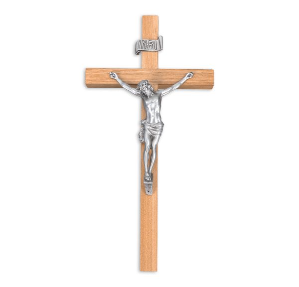 10" Oak Wood Wall Crucifix with Genuine Silver Pewter Corpus