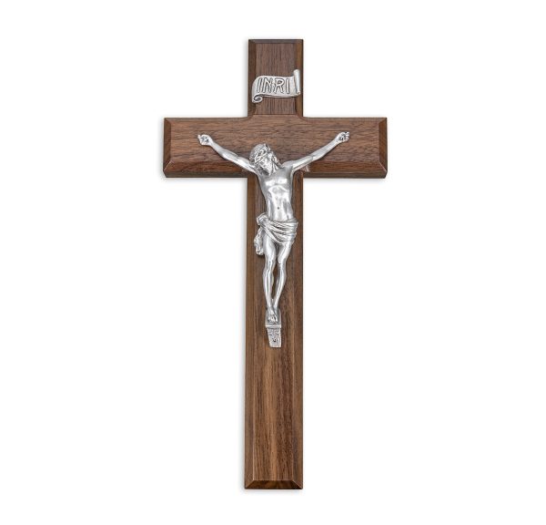 10" Walnut Wood Wall Crucifix with Genuine Silver Pewter Corpus