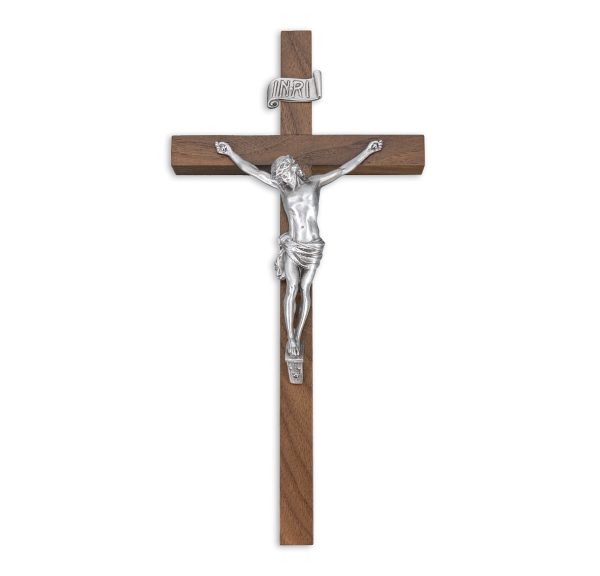10" Walnut Wood Wall Crucifix with Genuine Silver Pewter Corpus