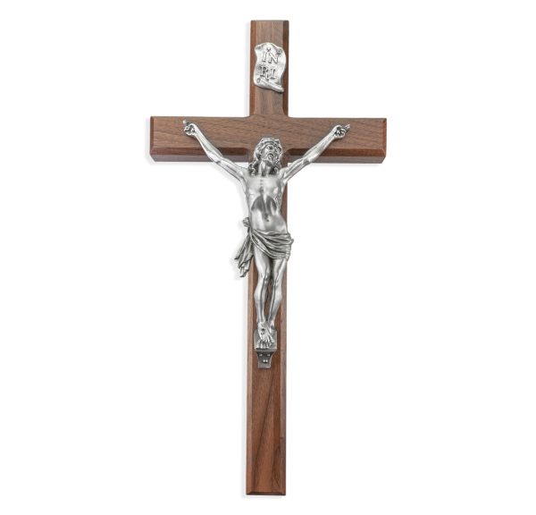 15" Walnut Wood Wall Crucifix with Genuine Silver Pewter Corpus
