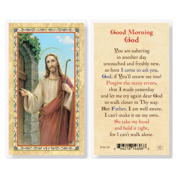 Good Morning God - Christ Knocking Gold-Stamped Laminated Prayer Card (pack of 25)