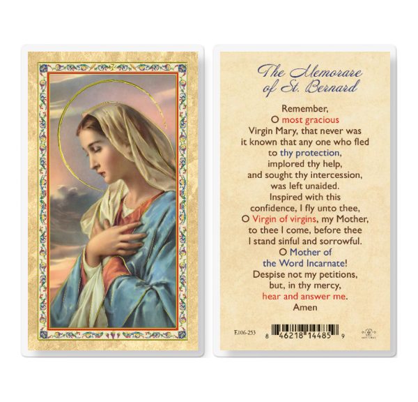 Our Lady of Grace Memorare St. Bernard Gold-Stamped Laminated Prayer Card (pack of 25)