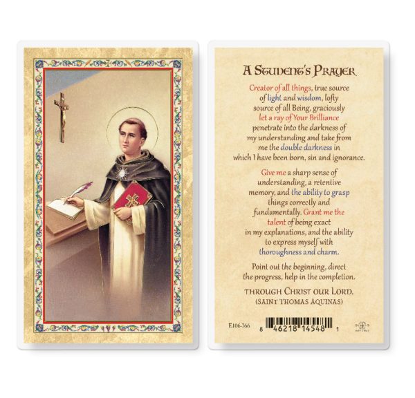 Student's Prayer - St. Thomas Gold-Stamped Laminated Prayer Card (pack of 25)