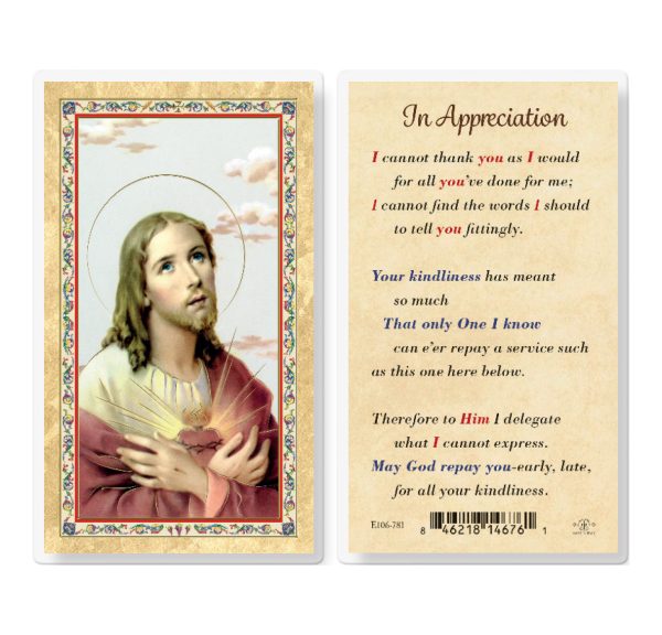 In Appreciation - SHJ Gold-Stamped Laminated Prayer Card (pack of 25)