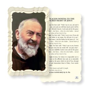 Padre Pio - Efficacios Novena to the Sacred Heart of Jesus Embossed Linen Prayer Card (Pack of 50)