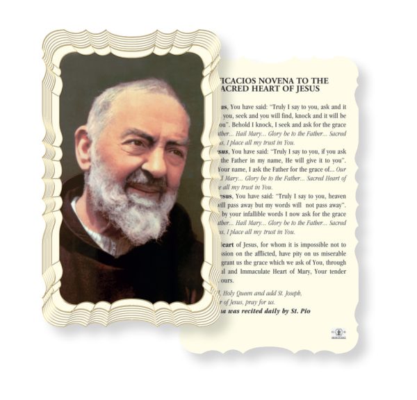 Padre Pio - Efficacios Novena to the Sacred Heart of Jesus Embossed Linen Prayer Card (Pack of 50)