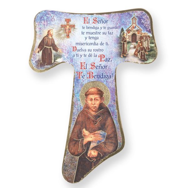 8" Franciscan Gold Embossed Wooden Tau Wall Cross (Spanish)