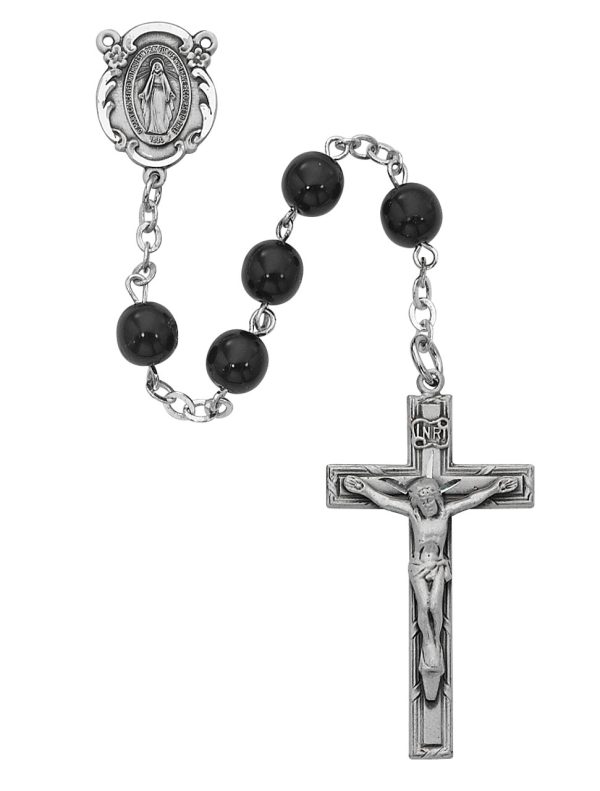 7mm Black Glass Rosary Beads with Pewter Crucifix