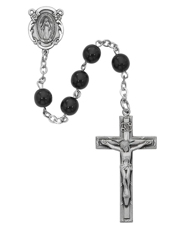 7mm Black Rosary Beads with Sterling Silver Crucifix