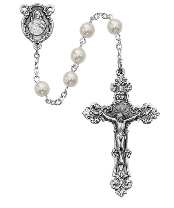 6mm Pearl Glass Rosary Beads with Zinc Alloy Crucifix