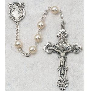 6mm Pearl Glass Rosary Beads with Sterling Silver Crucifix