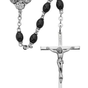 4x6mm Black Glass Oval Rosary Beads with Sterling Silver Crucifix