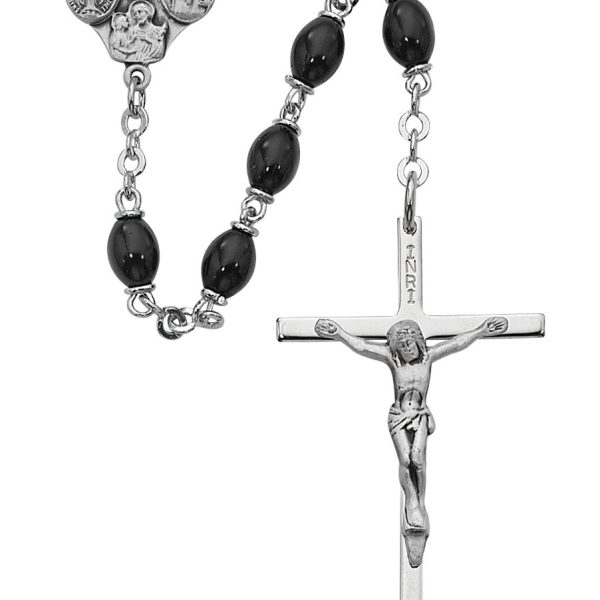 Four Way Black Glass Oval and Sterling Silver Rosary