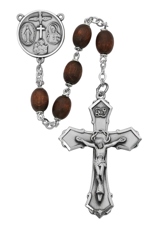 6x8mm Brown Wood Oval Rosary Beads with Pewter Crucifix