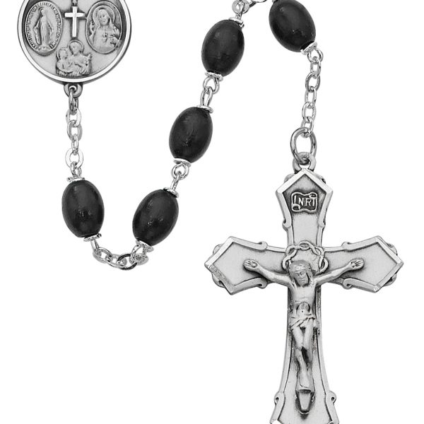 Four Way Black Wood Oval and Sterling Silver Rosary