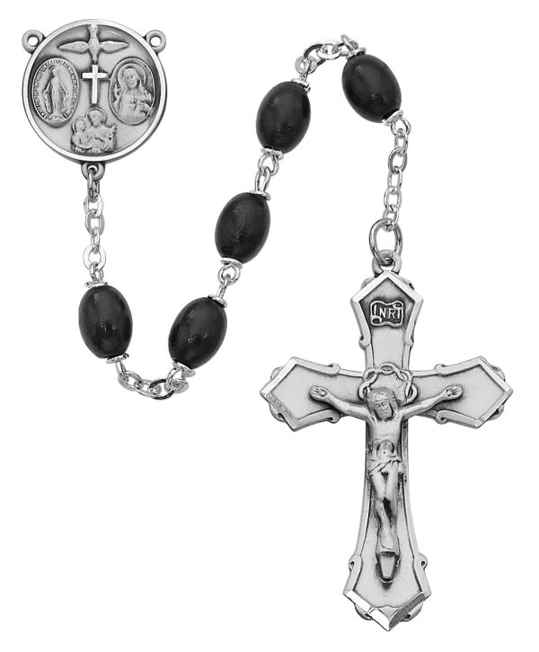 6x8mm Black Wood Oval Rosary Beads with Pewter Crucifix