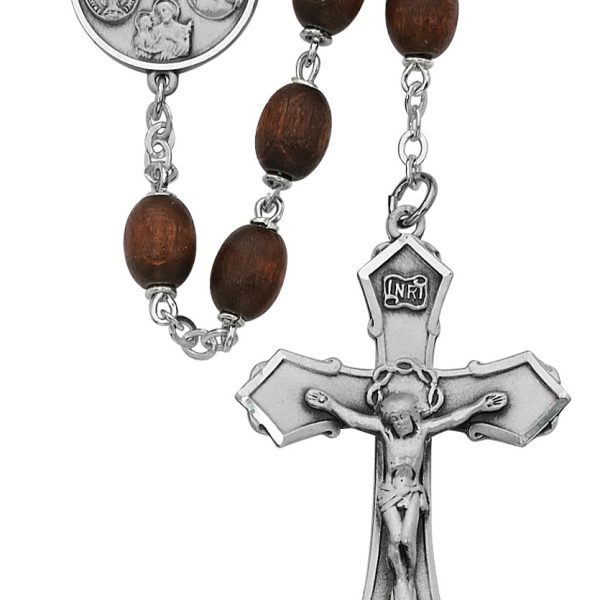 Four Way Brown Wood Oval and Sterling Silver Rosary