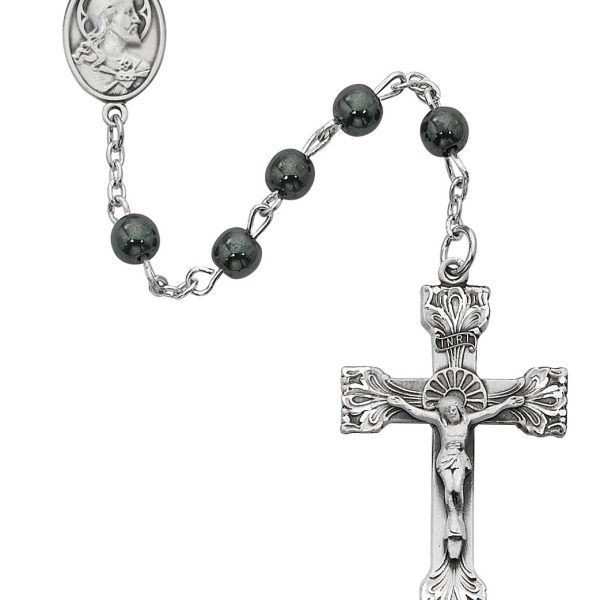 Sacred Heart of Jesus Hematite and Sterling Silver Rosary