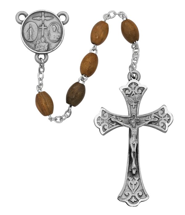 5x7mm Oval Olive Wood Rosary Beads with Pewter Crucifix