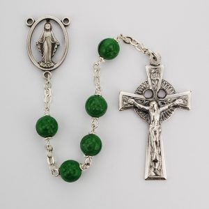 7mm Green Glass Shamrock Rosary Beads with Pewter Crucifix