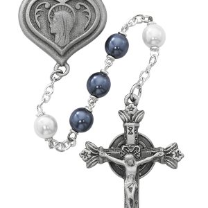 7mm Blue and Pearl like  Glass Lourdes Water Rosary Beads with Pewter Crucifix