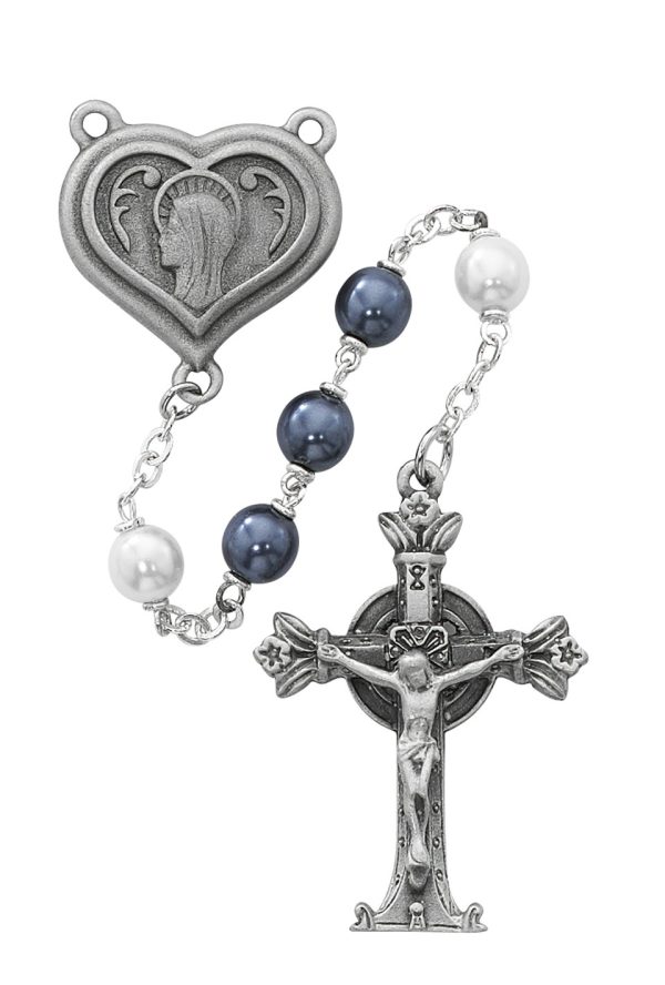 7mm Blue and Pearl like  Glass Lourdes Water Rosary Beads with Pewter Crucifix