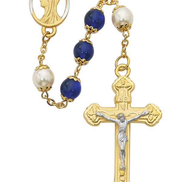 Blessed Virgin Mary Blue and Pearl Glass Gold Plated Rosary