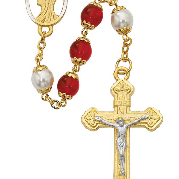 Blessed Virgin Mary Red and Pearl Glass Gold Plated Rosary