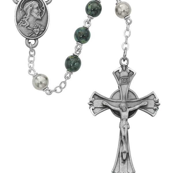Sacred Heart of Jesus Green Black Swirl Glass Rosary