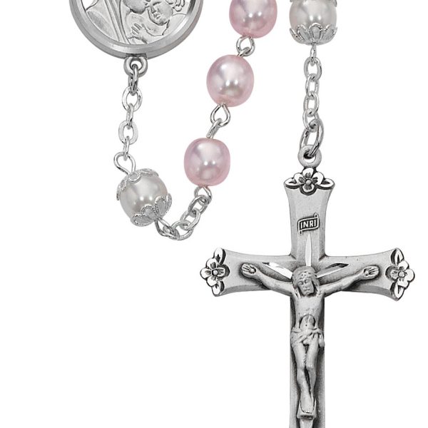 Blessed Mary and Jesus Pink Pearl and Sterling Silver Rosary