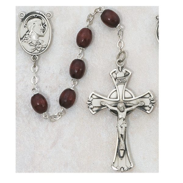 Sacred Heart of Jesus Brown Wood and Sterling Silver Rosary