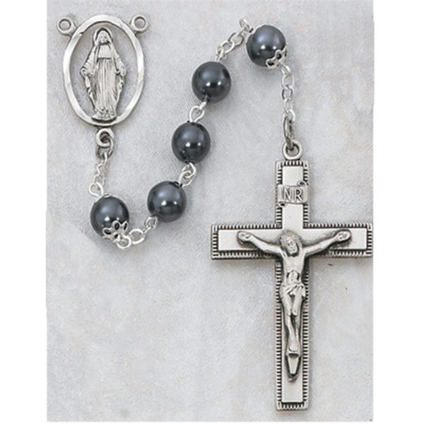 Blessed Mary Imitation Hematite and Sterling Silver Rosary