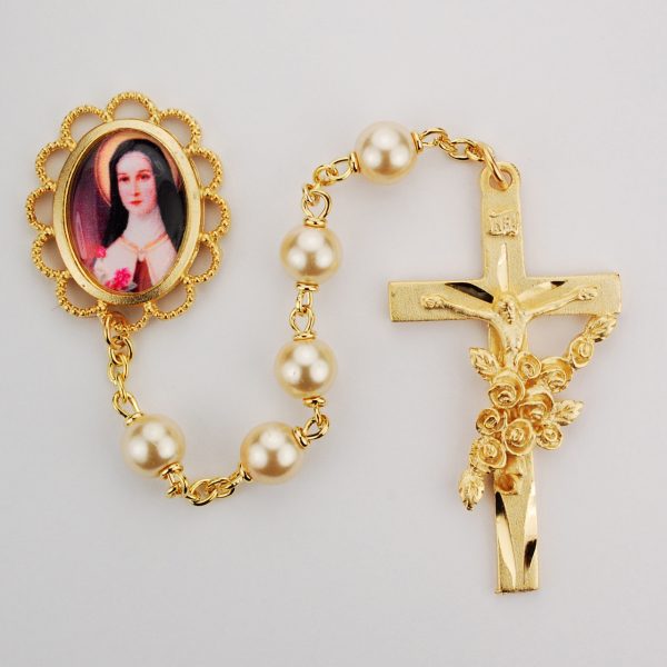 Saint Therese Gold Plated Pearl Rosary
