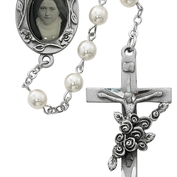 Saint Therese White Pearl Glass Rosary