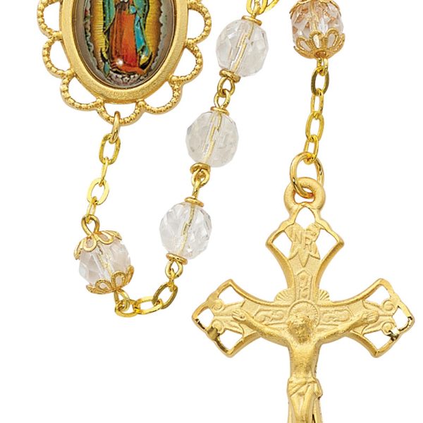 Our Lady of Guadalupe Gold Plated and Clear Glass Rosary