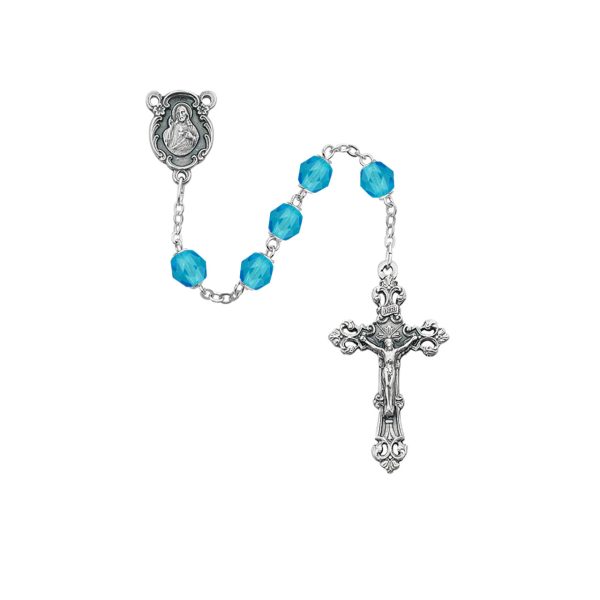 March Sacred Heart of Jesus Aqua Glass Rosary