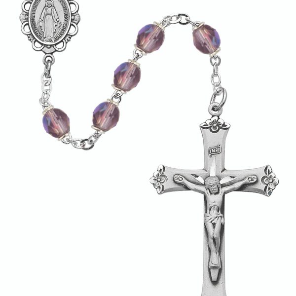 June Blessed Mary Amethyst Glass and Sterling Silver Rosary