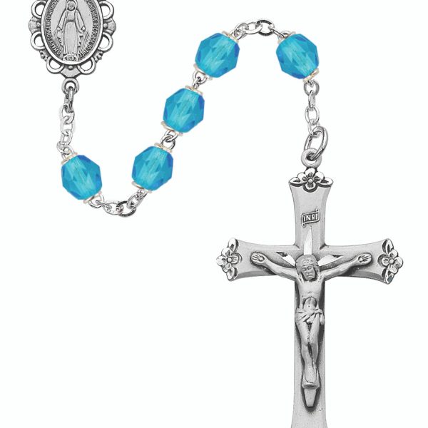 March Blessed Mary Aqua Glass and Sterling Silver Rosary