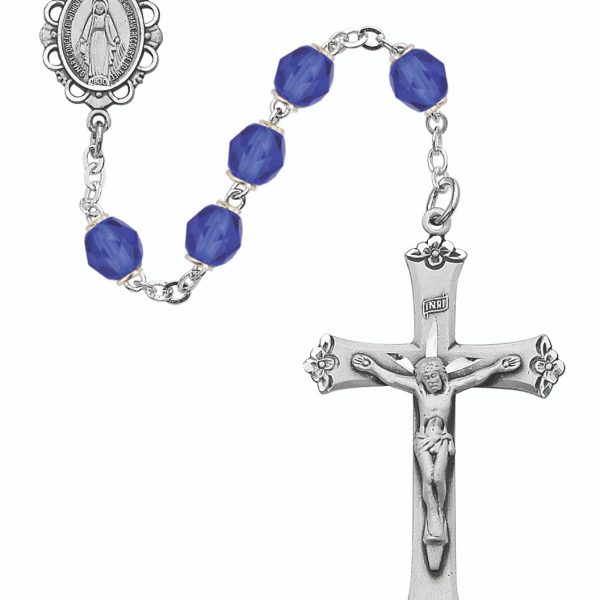 September Blessed Mary Sapphire Glass and Sterling Silver Rosary