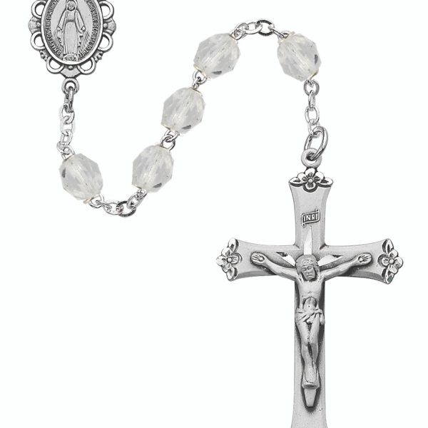 April Blessed Mary Crystal Glass and Sterling Silver Rosary