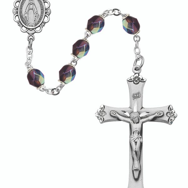 February Blessed Mary Dark Amethyst Glass and Sterling Silver Rosary