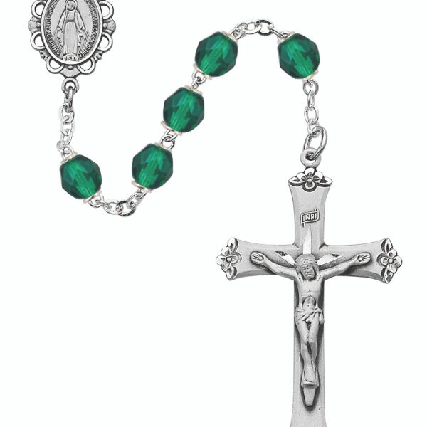 May Blessed Mary Emerald Glass and Sterling Silver Rosary