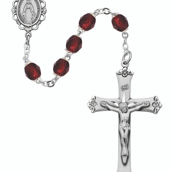 January Blessed Mary Garnet Glass and Sterling Silver Rosary