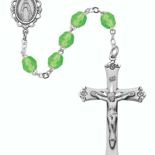 August Blessed Mary Peridot Glass and Sterling Silver Rosary